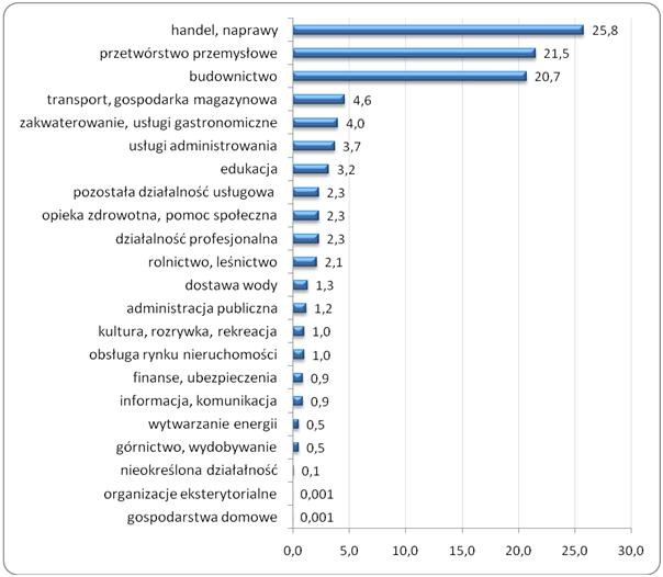 Struktura przeprowadzonych kontroli
wg sekcji gospodarki narodowej PKD (%) Struktura przeprowadzonych kontroli
wg sekcji gospodarki narodowej PKD (%)