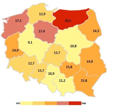 Stopa bezrobocia rejestrowanego w kwietniu
w podziale na województwa w 2014 roku (w %) Stopa bezrobocia rejestrowanego w kwietniu
w podziale na województwa w 2014 roku (w %)