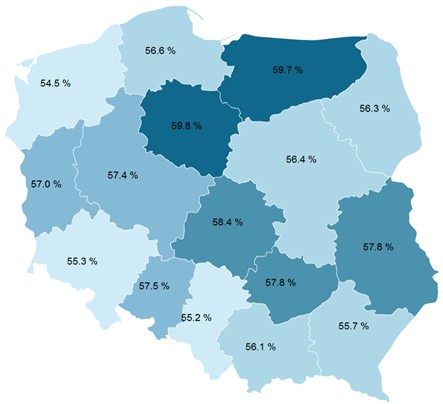 Kobiety w ogólnej liczbie studiujących w Polsce
według województw w 2007 roku Kobiety w ogólnej liczbie studiujących w Polsce
według województw w 2007 roku